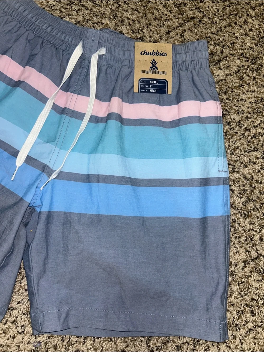 chubbies Navy Swim Shorts with Blue and Pink Stripes